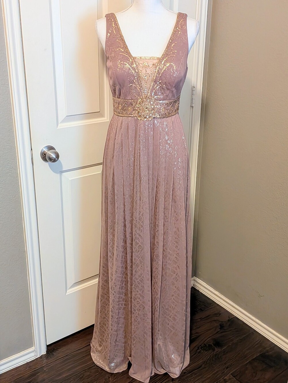 Adrianna Papell Dusty Rose/Beige Maxi Evening Dress with Gold Beaded Waist